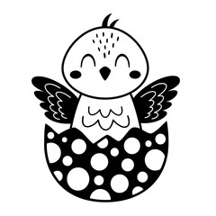 Black and white chicken clipart. Cute Easter chick doodle in cartoon flat style. Hand draw vector illustration