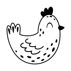 Black and white hen clipart. Cute Easter chicken doodle in cartoon flat style. Hand draw vector illustration