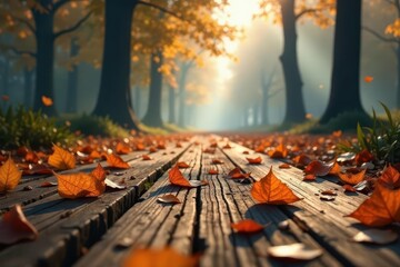Autumnal Pathway Golden Leaves Adorn a Sunlit Wooden Walkway in a Serene Forest Setting