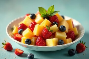 A refreshing summer fruit salad featuring sweet melon cubes, juicy strawberries, and plump blueberries, artfully arranged in a stylish bowl.