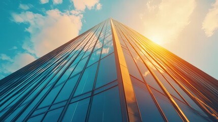 Modern Skyscraper Against Clear Blue Sky with Sunlight Reflection