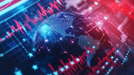 Rotating 3D globe focused on North America with USA outlined in glowing cryptocurrency symbols, decentralized network visualization radiating from Wall Street, Silicon Valley, and Miami, stars from