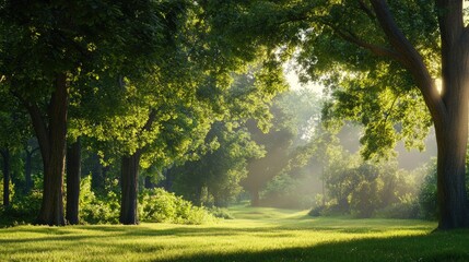 Fototapeta premium Tranquil Sunlit Path Through Lush Green Forest Landscape