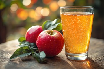 Fototapeta premium Fresh apple juice with apples on wood table, summer scene background, healthy diet