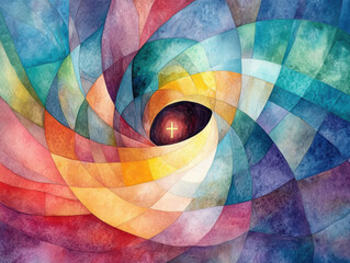 Obraz premium Circularly colorful and decorative stained glass windows with religious motifs. Ai generative.