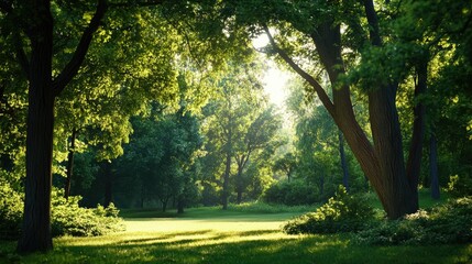 Fototapeta premium Serene Green Forest Scene with Sunlight Filtering Through Foliage