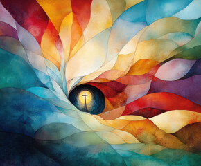 Circularly colorful and decorative stained glass windows with religious motifs. Ai generative.