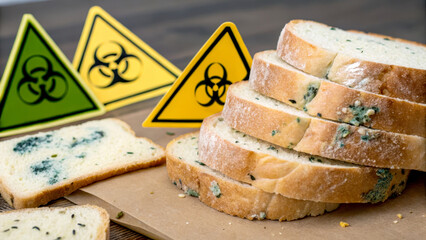 Moldy bread with biohazard signs, highlighting food safety and contamination concerns in a striking visual.