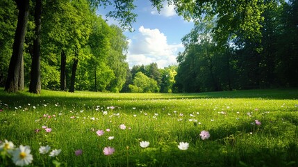 Lush Green Meadow with Wildflowers Under Bright Blue Sky