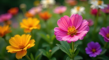 Obraz premium A Vibrant Pink Cosmos Flower Blossoms Amidst a Field of Diversely Colored Blooms, a Stunning Display of Natural Beauty and Delicate Petals in a Lush Garden Setting