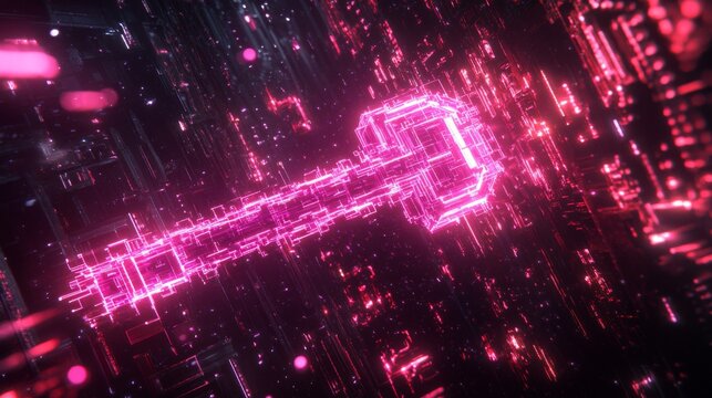 Luminous quantum key bursting with radiant magenta light, cybersecurity matrix environment, cascading encryption patterns, stellar dark background, scattered digital artifacts, geometric security