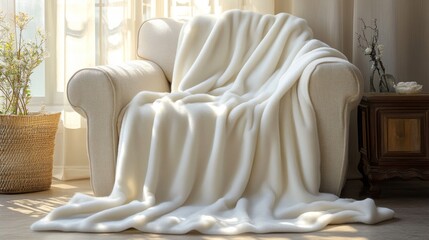 White Fluffy Blanket on Cream Armchair