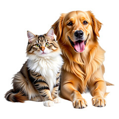 Fototapeta premium Golden retriever puppy and tabby cat sitting together, friendship animals isolated on transparent background. Warm, friendly pets for pet-related designs, greeting cards, and social media.