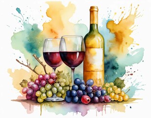 acuarela de racimos de uvas con botella de vino