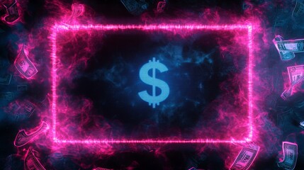 Digital art frame radiating neon pink energy, pixelated border with binary code, holographic blue ghost figure inside, glowing cursor pointer, floating dollar symbols, cosmic dark background,
