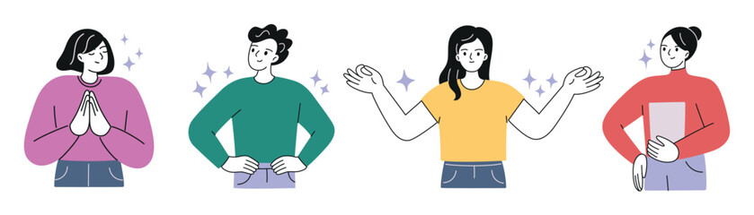 Vector illustrations of confident people in flat cartoon style. Minimalist characters, business men and women, standing in poses expressing self assurance, gratitude, calm, and balance emotions