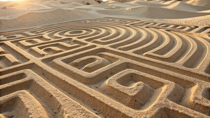 A sandy labyrinth features intricate patterns, showcasing artistry in a natural desert landscape illuminated by soft sunlight.