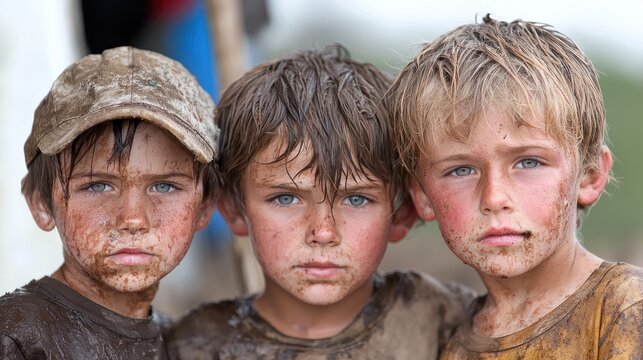 Muddy Children Faces, Outdoor, Sadness, Possible Use For Stock Photos
