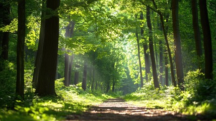Obraz premium Tranquil Pathway Through Lush Green Forest With Sunlight Filter