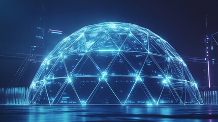 Crystalline security dome protecting digital infrastructure, pulsing neural network patterns, interconnected protection nodes, advanced cyber defense grid, geometric safeguard visualization, flowing
