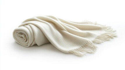Cream Knitted Throw Blanket with Fringes on White Background