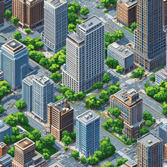 Cityscape overhead buildings rise above streets, trees, and cars in a lively urban landscape