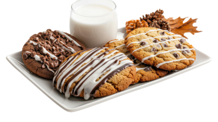 Mouthwatering display of various homemade baked goods including chocolate cookies cinnamon rolls and a glass of fresh milk showcasing the tempting treats of a cozy bakery or patisserie