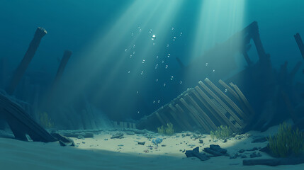 Pixelated Underwater Scene with Sunbeams Illuminating Shipwreck and Marine Structures