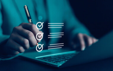 Business Performance Checklist Businessman Using Laptop Doing Online Checklist Survey On Computer Filling Out Digital Form Checklist Survey Doing Assessment Questionnaire Evaluation	
