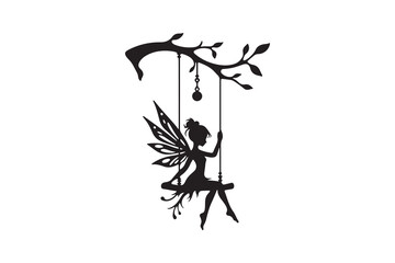 Fairy Silhouette icon Decoration Swinging on The Branch Stake,Hanging Branch Tree , isolated on white backgroun