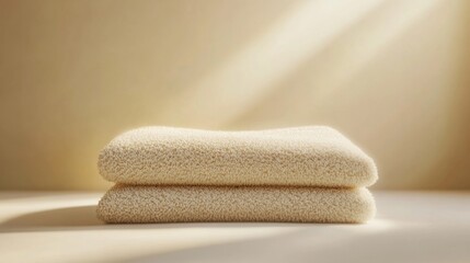 Cream Colored Soft Fluffy Towels on Beige Background