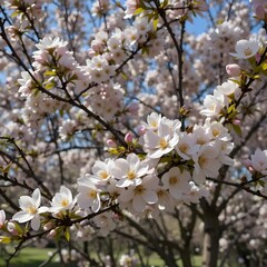 Flowers blooming on trees on a sunny spring day
