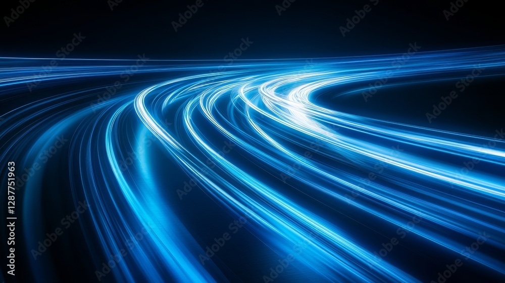 Poster Blue light trails on curved path in dark background, futuristic abstract concept