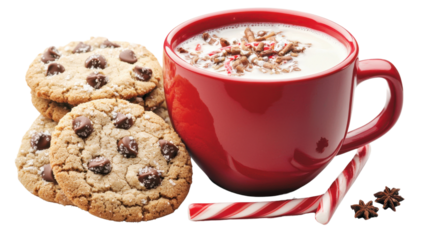 Festive arrangement of a red mug of steaming hot chocolate or cocoa accompanied by freshly baked cookies or biscuits creating a cozy and comforting winter scene by the fireplace