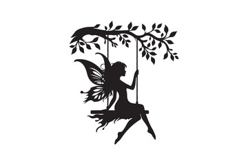 Fairy Silhouette icon Decoration Swinging on The Branch Stake,Hanging Branch Tree , isolated on white backgroun