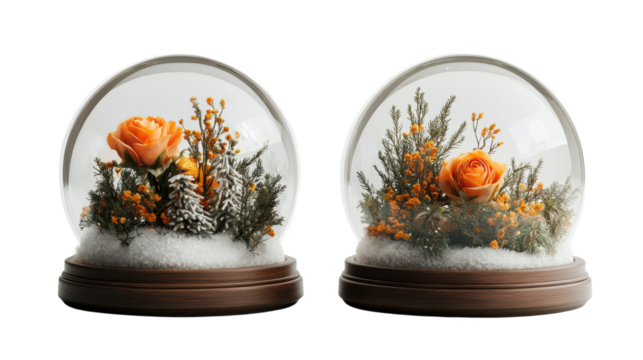 Festive winter floral arrangement featuring orange roses and greenery inside a glass snow globe Cozy and elegant holiday or Christmas centerpiece display