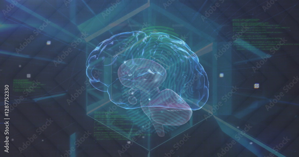 Poster image of data processing and rotating brain in tunnel on dark background