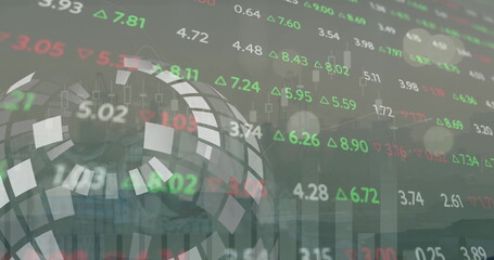 Image of financial data processing over grid and dark background