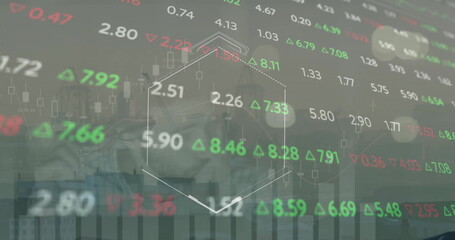 Image of financial data processing over cityscape and dark background