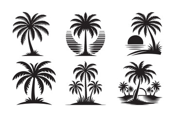 Fototapeta premium Set of palm tree silhouette clipart icon illustration, isolated on white background