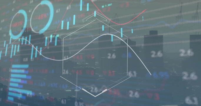 Image of financial data processing over cityscape and dark background