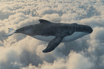 Fototapeta premium Majestic flying whale glides effortlessly among fluffy white clouds in a breathtaking sky