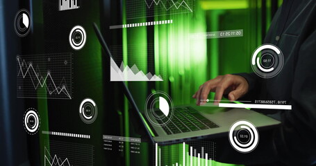 Image of data processing over african american businessman using laptop for image call