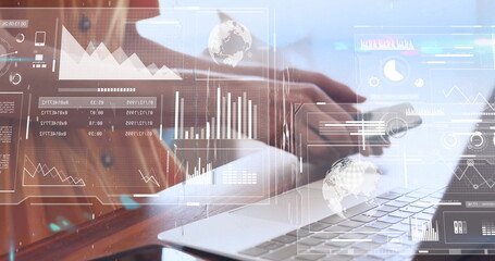 Image of data processing over caucasian businesswoman using laptop and smartphone
