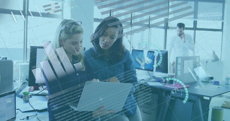 Image of financial data processing over diverse business people in office