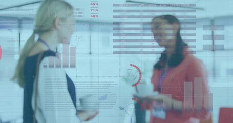 Image of financial data processing over diverse business people in office