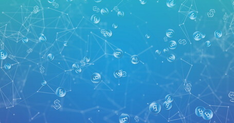 Image of network of bitcoin and dollar coins moving on blue background