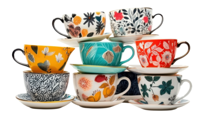 Assortment of Vibrant and Colorful Ceramic Mugs and Cups in Vintage Floral and Handmade Patterns Arranged on White Background  Homemade Artisan Kitchenware Collection