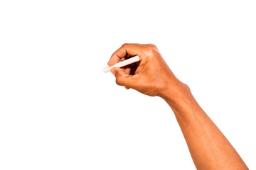 Man's hand holding chalk isolated on transparent background.