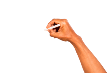 Man's hand holding chalk isolated on transparent background.